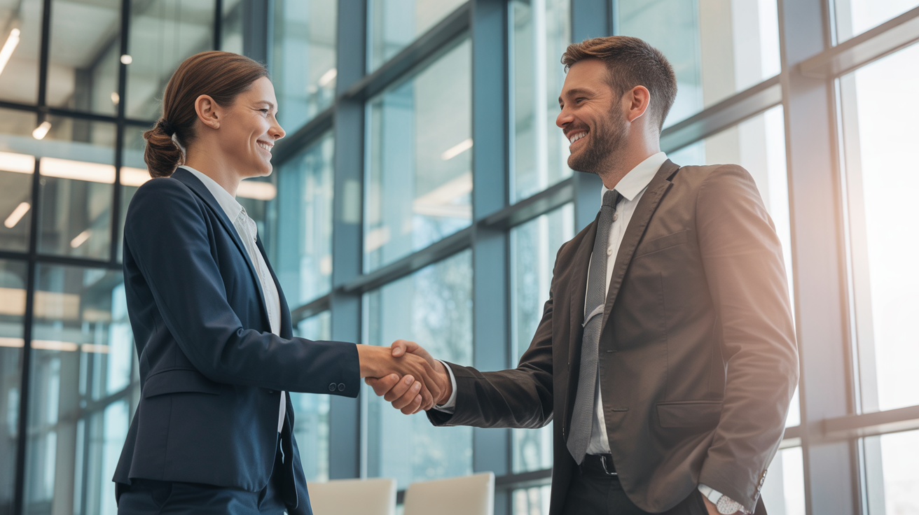 Business professionals shaking hands in modern office - successful business acquisition