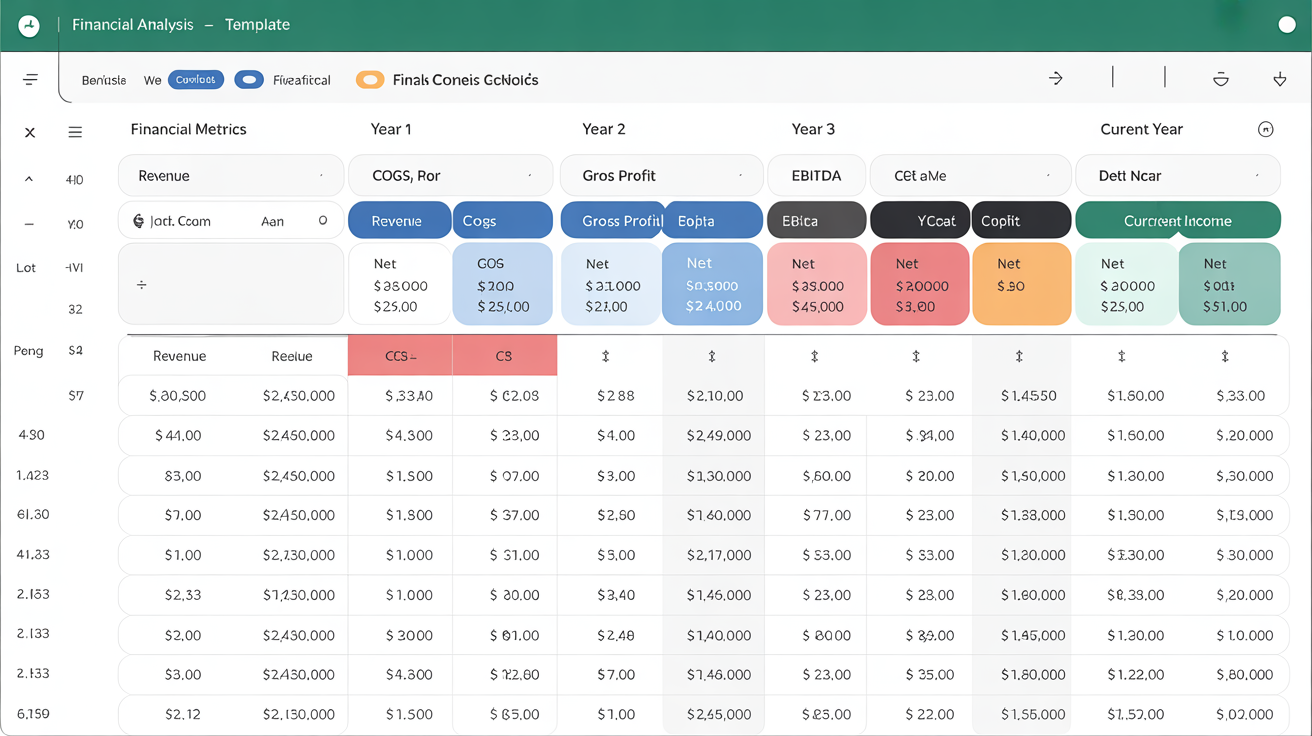 Financial Analysis Template preview showing revenue, COGS, and EBITDA tracking